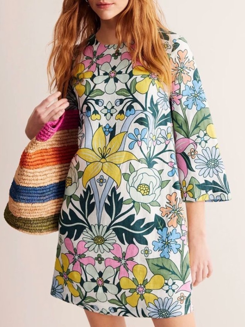 Boden Flare Linen Floral Shift Dress Mod Retro Size US 6 Long